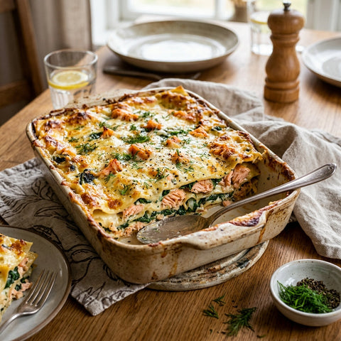 Laxlasagne med gravrökt lax och krämig ostsås